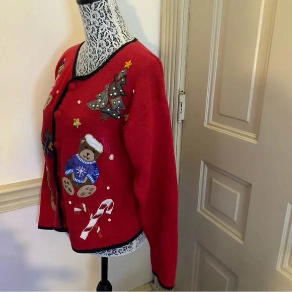 Vintage Nutcracker Red Christmas Bears Cardigan SZ L - Picture 11 of 15